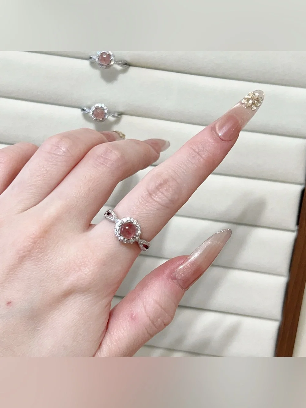 Natural Strawberry Quartz Dainty Ring | Silver Plated | Adjustable Open Ring